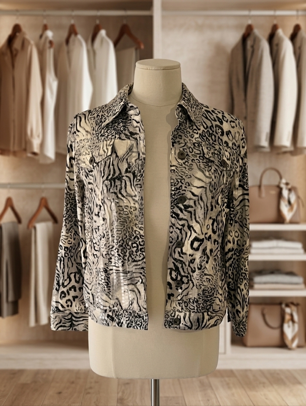 Ruby Rd. Black and White Animal Print Jean Jacket With Shimmer